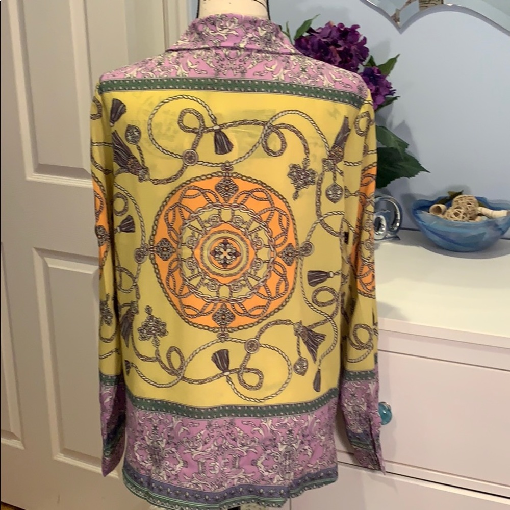 Scarf Print Long Sleeve Button Up Collared Top - Picture 5 of 5